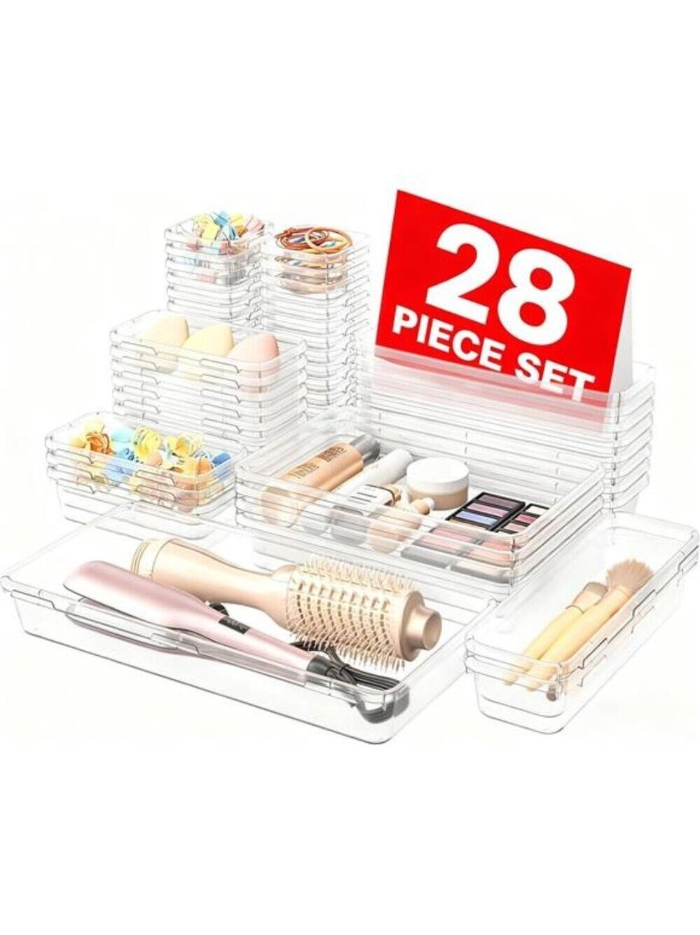 Clear Drawer Organizer Set Makeup Bathroom Vanity Desk Kitchen Storage Bins 28pc